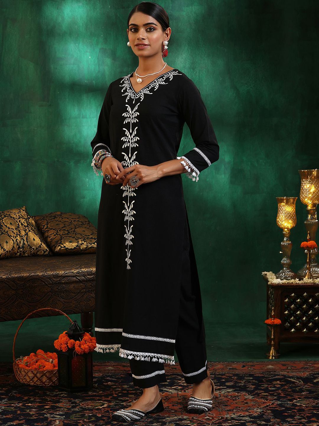 Libas Women Ethnic Motifs Embroidered Regular Thread Work Pure Cotton Kurta with Trousers & With Dupatta