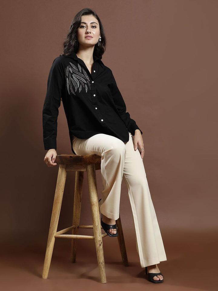 Athena Women Embellished Shirt Collar Cotton Top