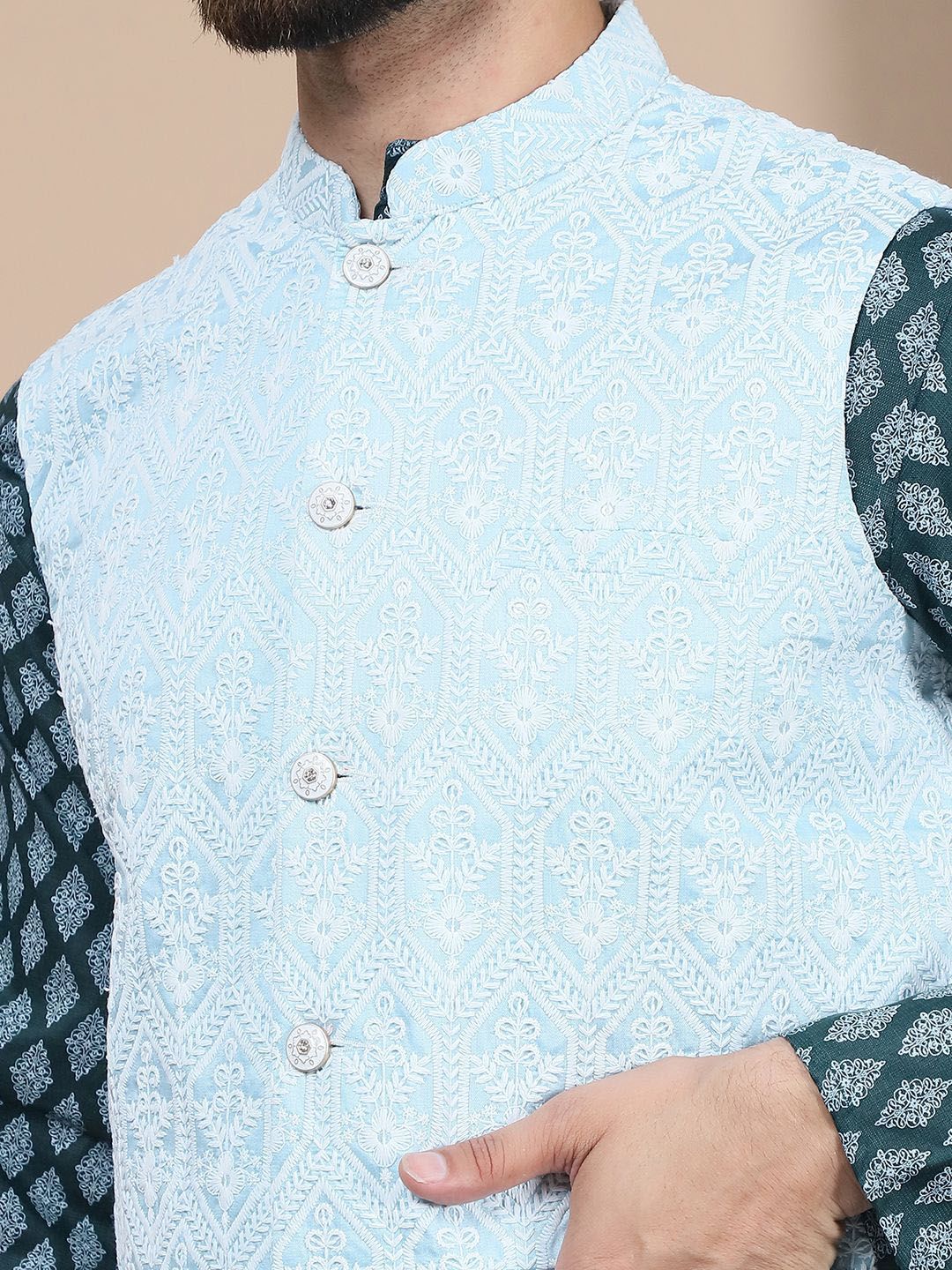 Motif Etnik Hijau Anouk Bercetak Kurta Kapas Tulen Lurus dengan Jaket Churidar & Nehru