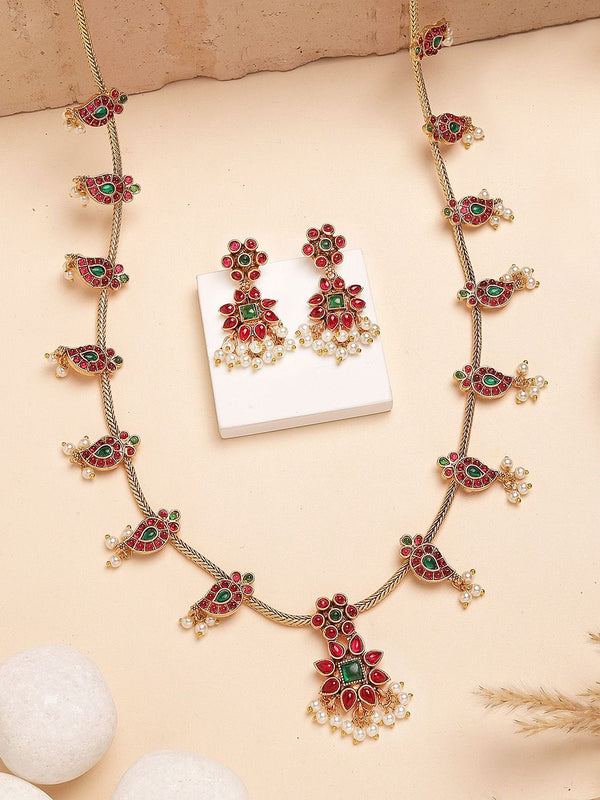 Karatcart Gold-Plated Stone Studded Floral Design Rani Haar Kalung dan Anting-anting