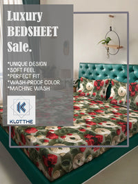 KLOTTHE Hijau & Merah Bercetak Bunga Flat 300 TC Cadar 7D King Dengan 2 Sarung Bantal