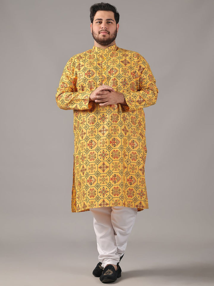 SOJANYA PLUS Plus Size Men Ethnic Motifs Printed Band Collar Straight Kurta With Pyjamas