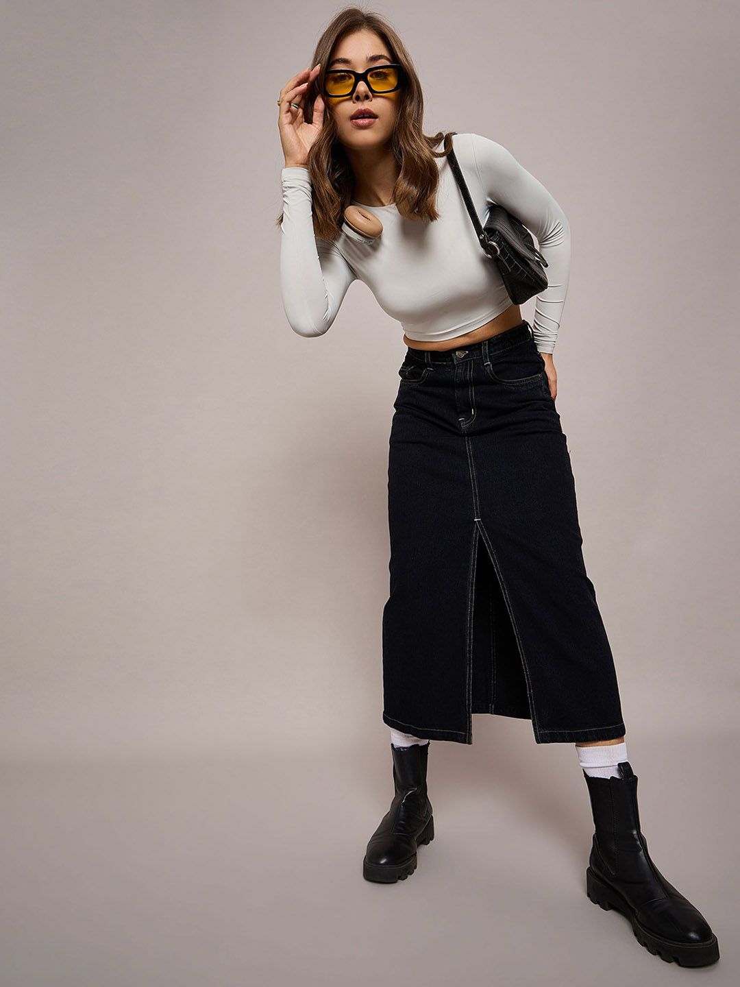 SASSAFRAS BASICS Women Denim Front-Slit A-Line Midi Skirt