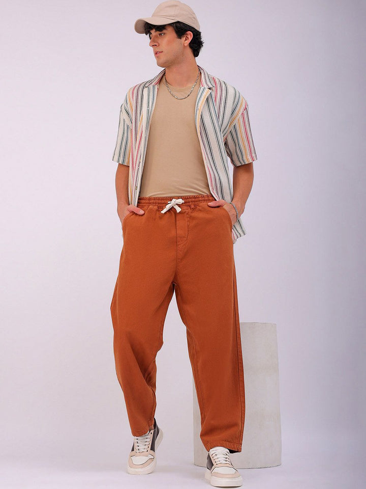 The Indian Garage Co Men Baggy Fit Cotton Elasticated Waist Jeans