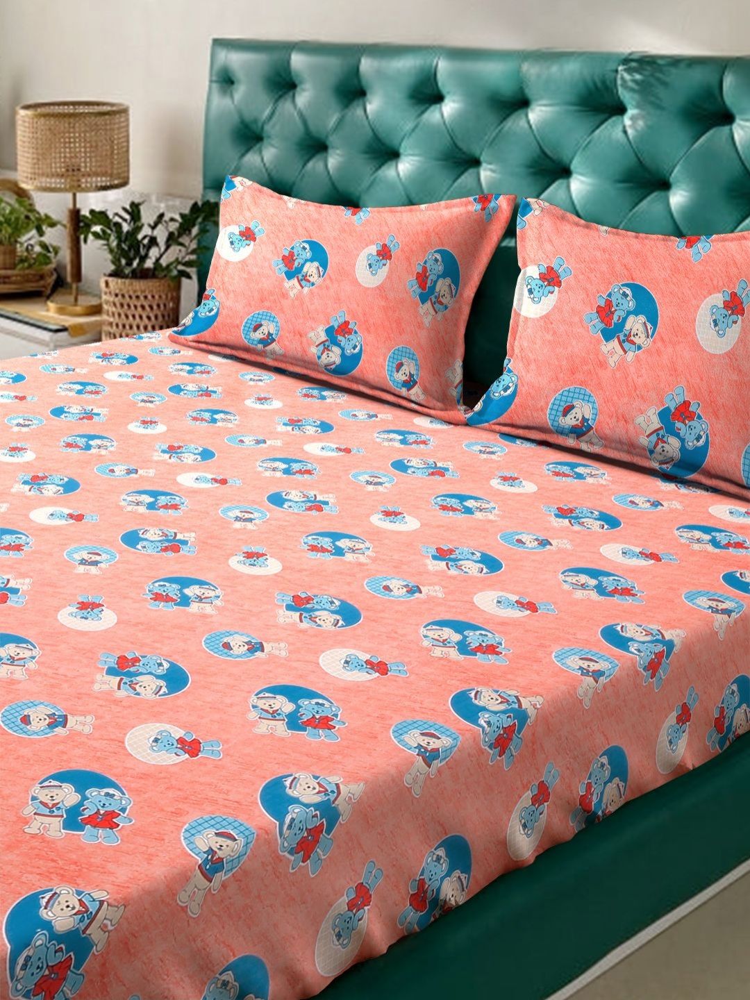 KLOTTHE Orange Cartoon Printed Fitted 400 TC Cotton King Bedsheet & 2 Pillow Covers