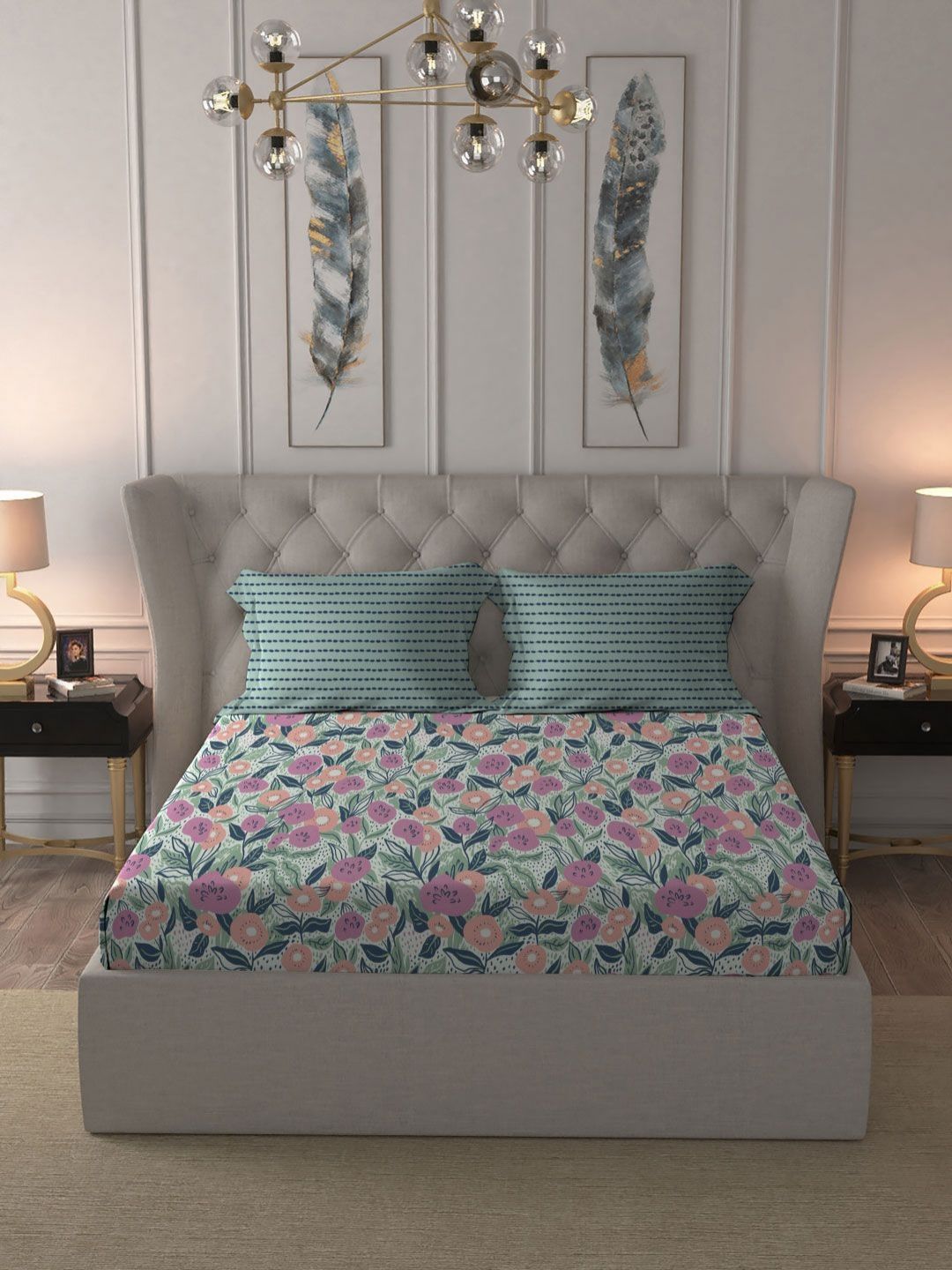 TRIDENT Jasmine Teal Moments Flat 120TC Queen Cotton Bedsheet Set