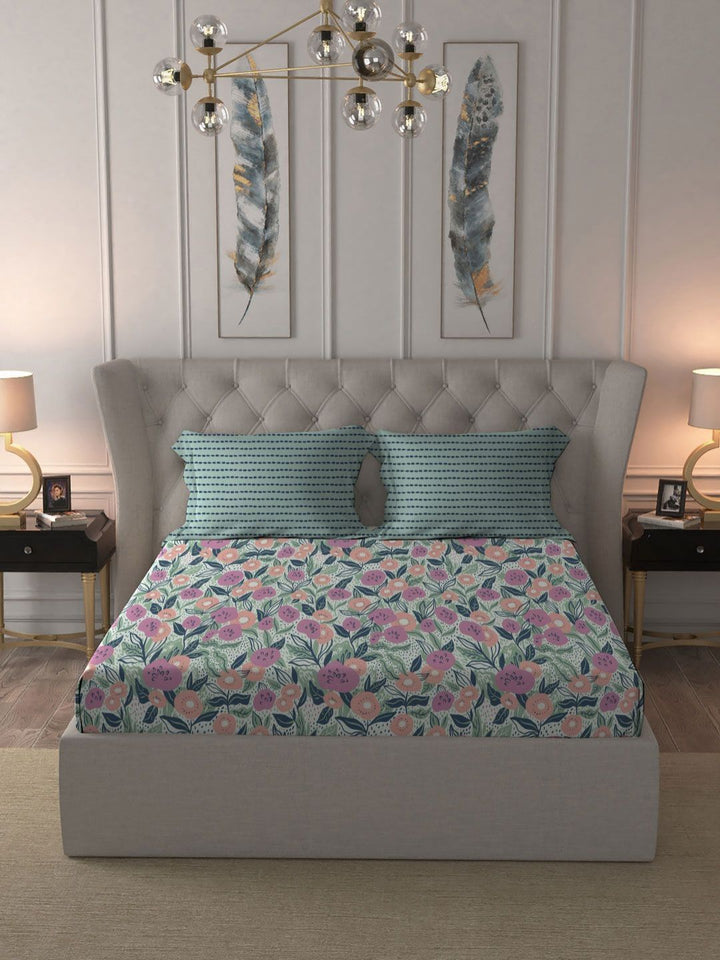 TRIDENT Jasmine Teal Moments Flat 120TC Queen Cotton Bedsheet Set