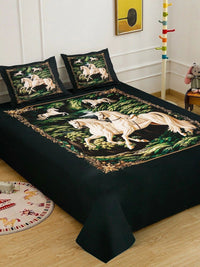 Myntra Elegant Homes Green & Black 400 TC King Bedsheet with 2 Pillow Covers