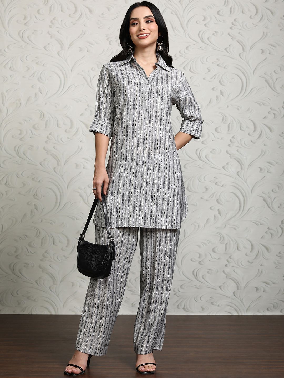 Vishudh Shirt Collar Striped Tunic With Trouser