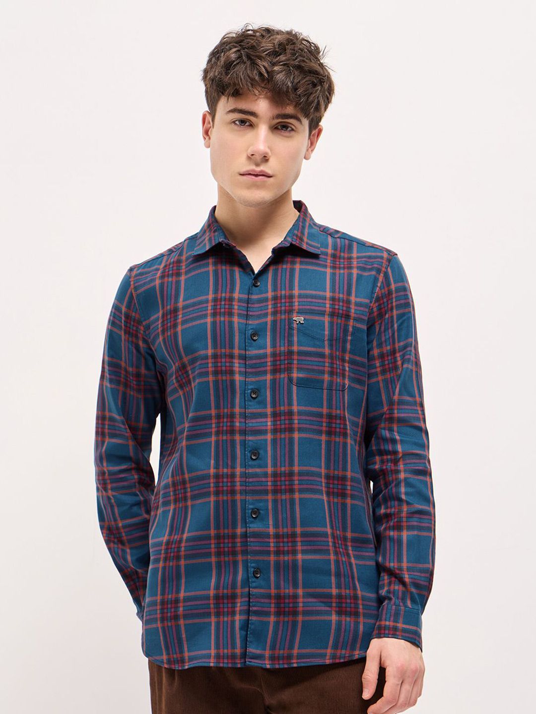 THE BEAR HOUSE Men Spread Collar Tartan Checked Cotton Slim Fit Shirt