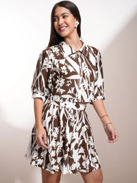 Vishudh Brown Floral Printed Cuffed Sleeves Casual Shirt With Skirt