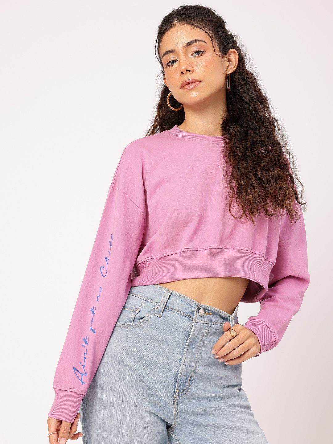 DressBerry Typography Printed Crop Pullover Sweatshirt