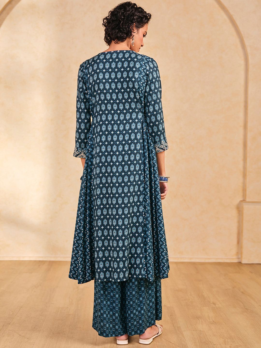 Global Desi Geometric Printed Thread Work A-Line Kurta