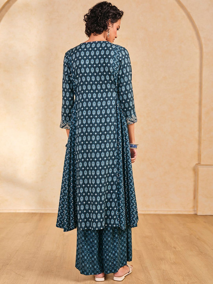 Global Desi Geometric Printed Thread Work A-Line Kurta