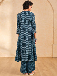 Global Desi Geometric Printed Thread Work A-Line Kurta
