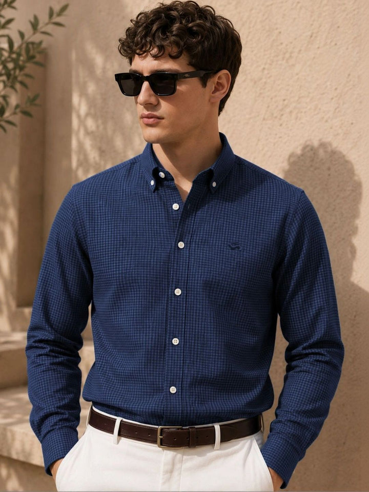 ADRO Men Navy Blue Mini Checked Regular Fit Casual Cotton Shirt