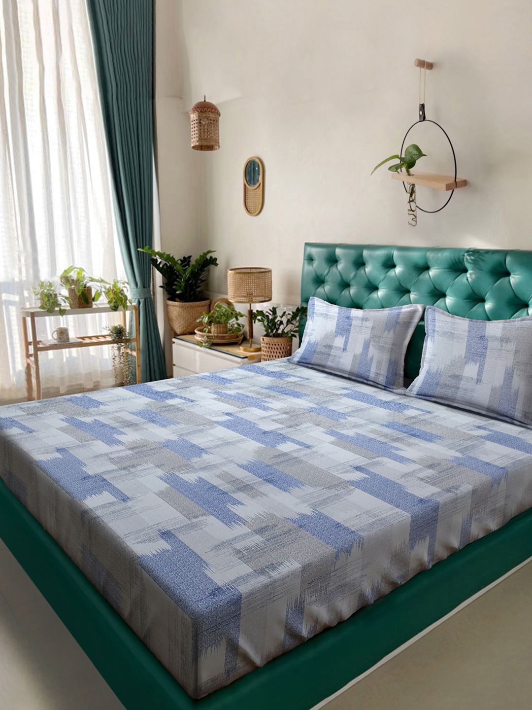 KLOTTHE Biru Geometric Kapas Tulen 400 TC Dilengkapi Cadar King Superfine dengan 2 Sarung Bantal-98 x 89 inci