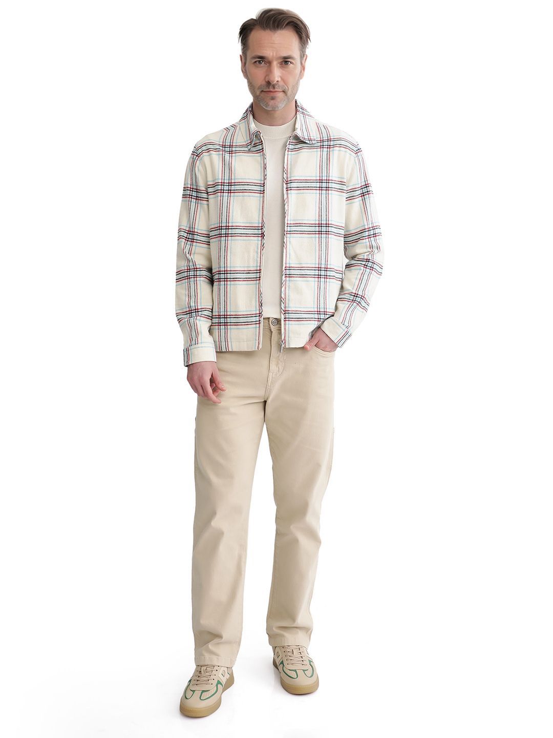 RARE RABBIT Men Checked Cotton Open Front Jacket with Embroidered