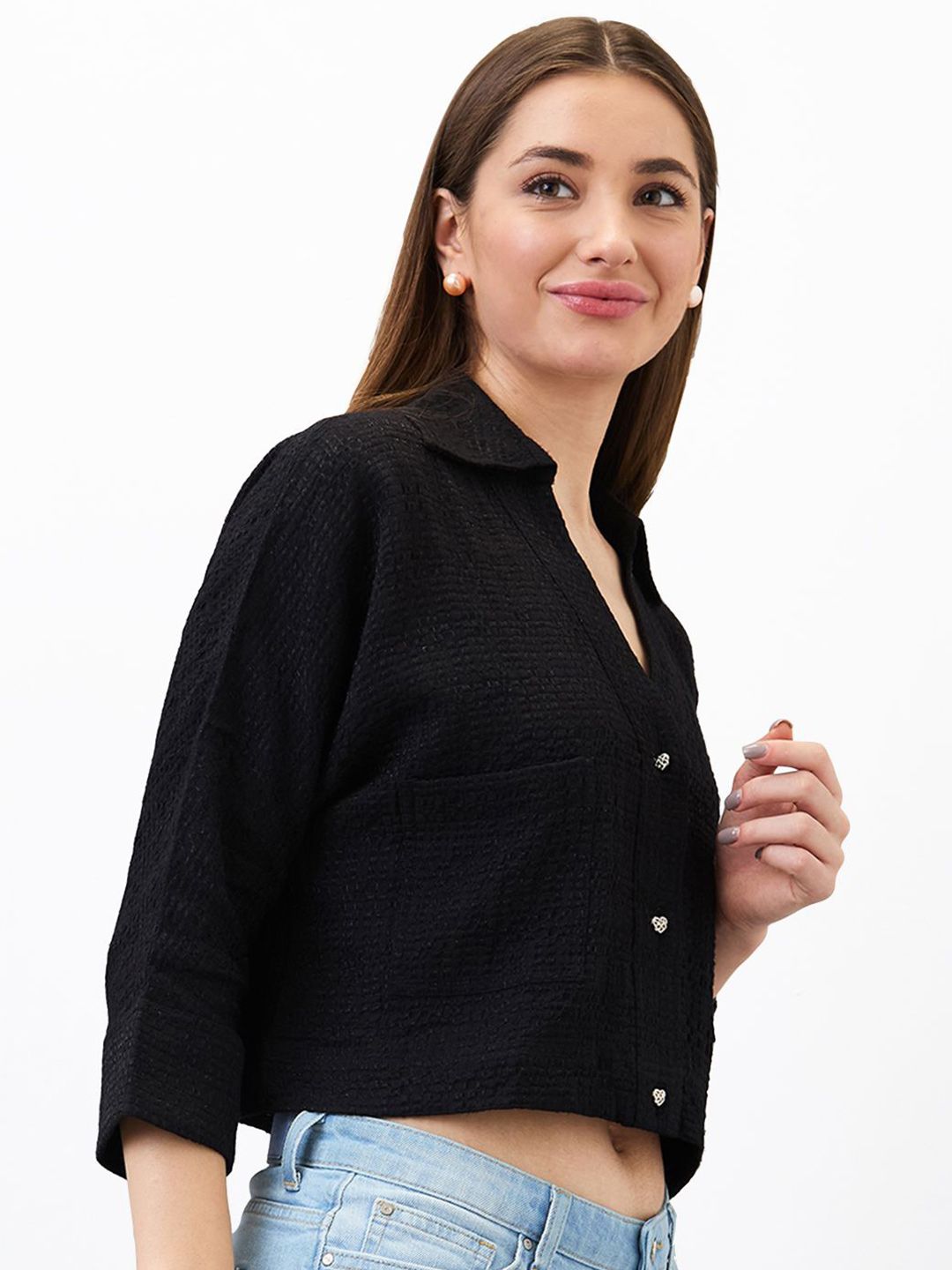 SPYKAR Women Boxy Fit Spread Collar Textured Casual Shirt