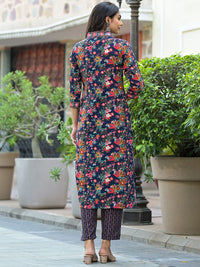 KALINI Floral Printed Thread Work Straight Kurta With Trousers & Dupatta