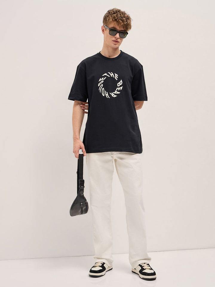 THE BEAR HOUSE Men Typography Printed Round Neck Cotton Oversized T-shirt