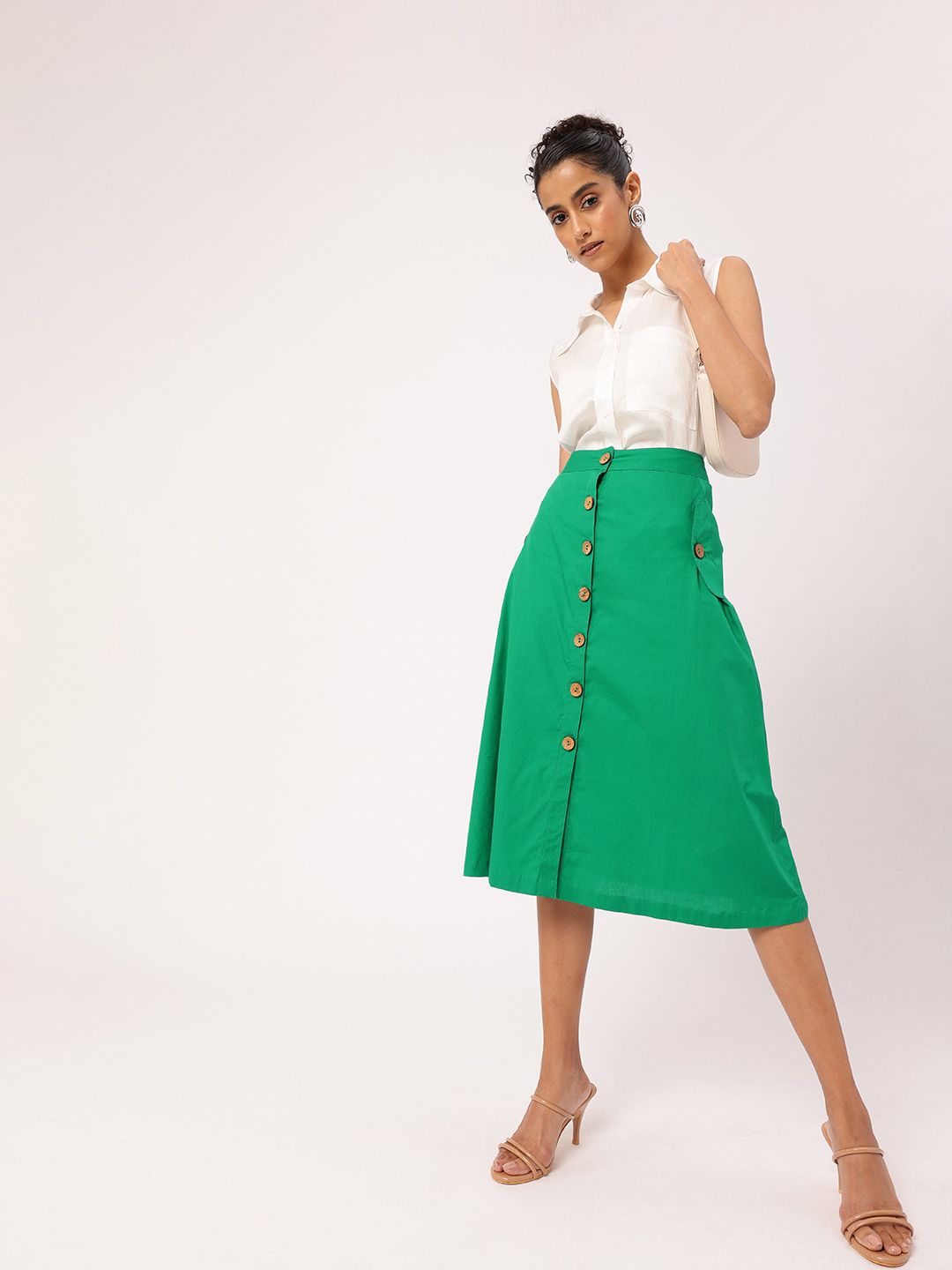 DressBerry Women Feminine Graceful Fresh Mock Button Pocket A-Line Skirt