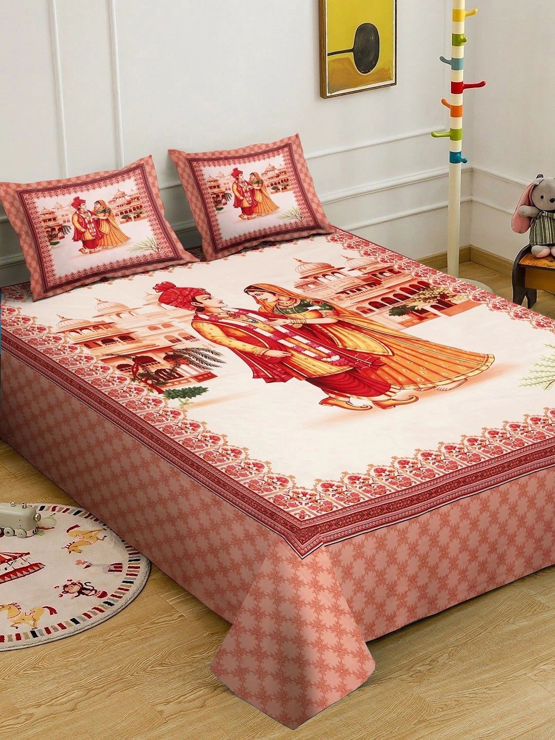 KLOTTHE Rust & Yellow Ethnic Motifs 300 TC King Bedsheet with 2 Pillow Covers