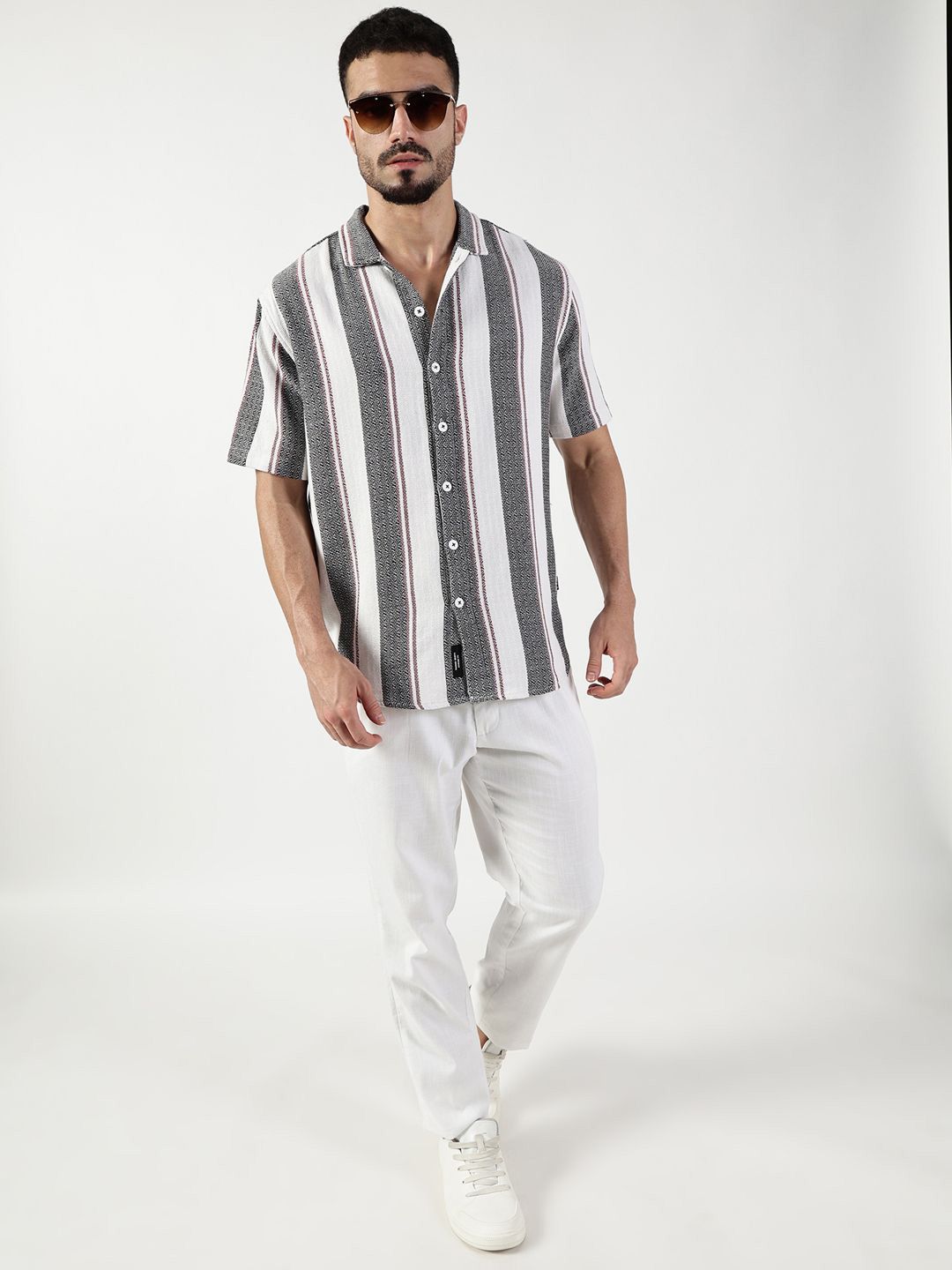 Thomas Scott Men Premium Spread Collar Vertical Striped Cotton Slim Fit Casual Shirt