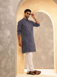 Anouk Geometric Embroidered Band Collar Thread Work Straight Cotton Silk Kurta