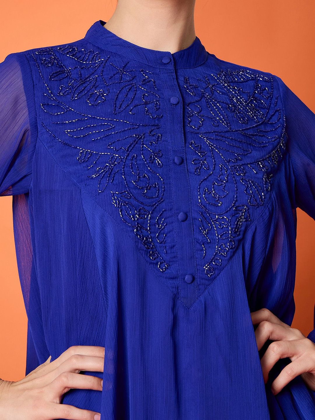 Antheaa Blue Embellished Band Collar Top With Palazzo