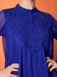 Antheaa Blue Embellished Band Collar Top With Palazzo