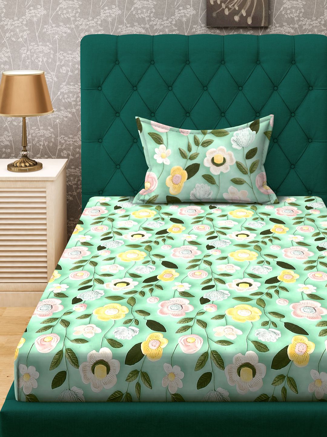 KLOTTHE Green & Pink Floral Printed Flat 300 TC Single 7D Bedsheet With Pillow Cover