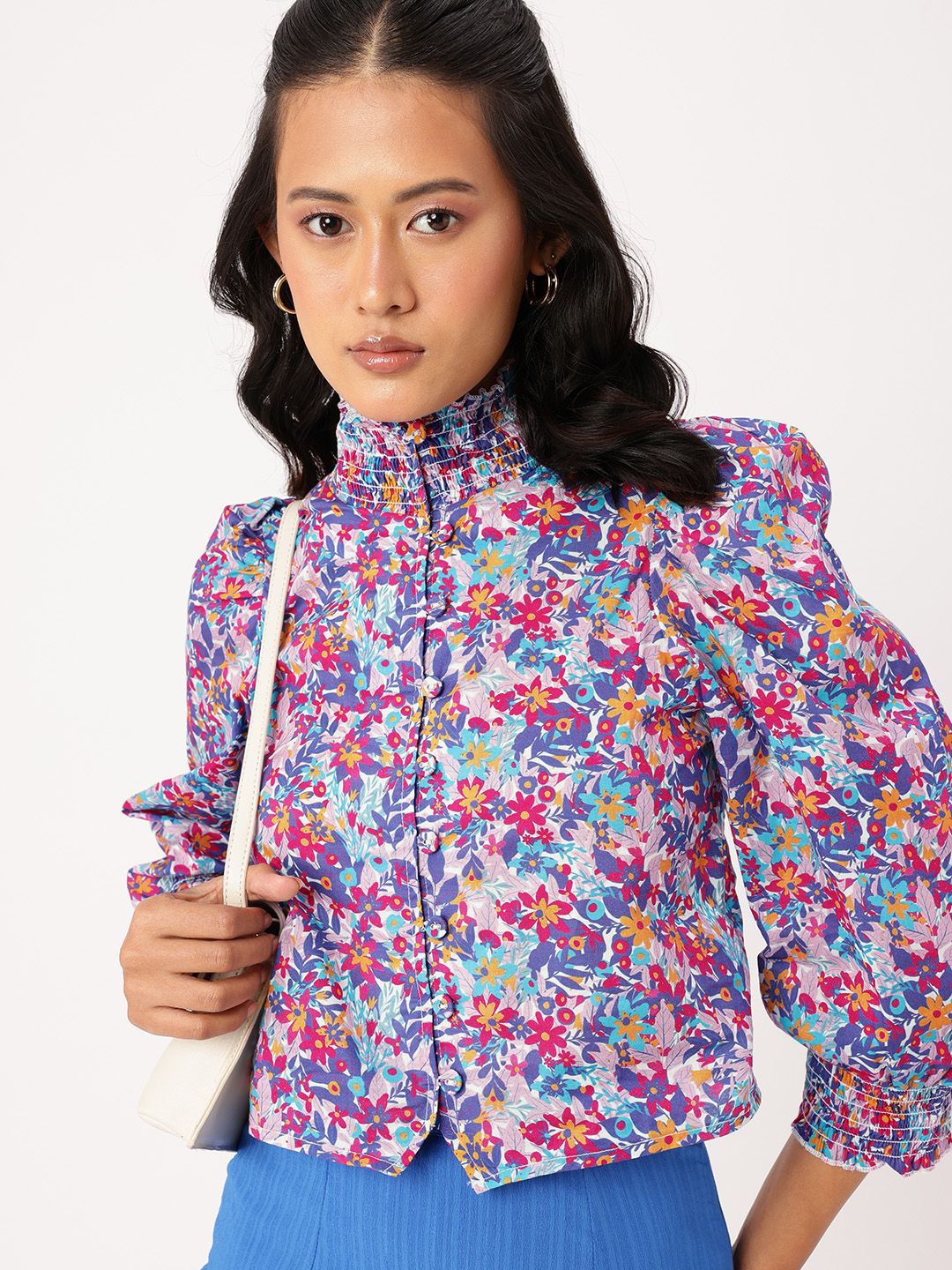 DressBerry Floral Print High Neck Smocked Puffed Shirt Style Top