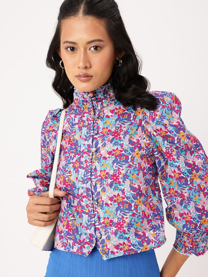 DressBerry Floral Print High Neck Smocked Puffed Shirt Style Top