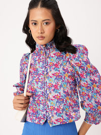 DressBerry Floral Print High Neck Smocked Puffed Shirt Style Top