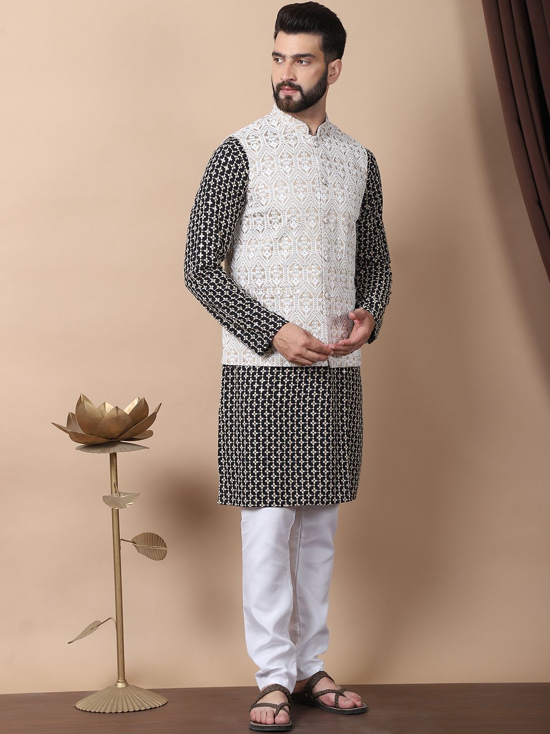 Anouk Black Floral Embroidered Thread Work Pure Cotton Kurta with Churidar & Nehru Jacket
