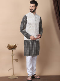 Anouk Black Floral Embroidered Thread Work Pure Cotton Kurta with Churidar & Nehru Jacket