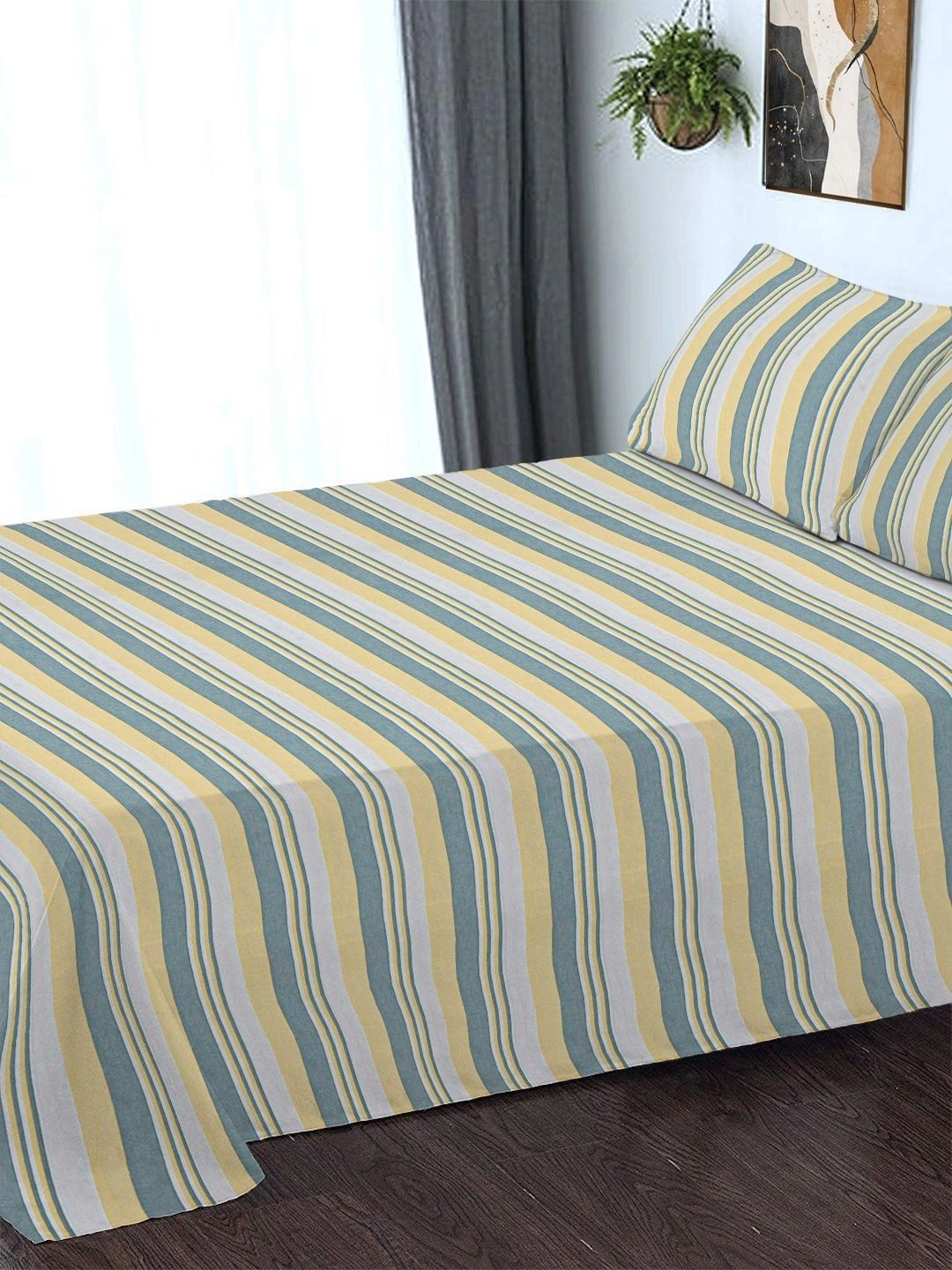 Myntra Elegant Homes Green Striped Pure Cotton Double Bedcover With 2 Pillow Cover