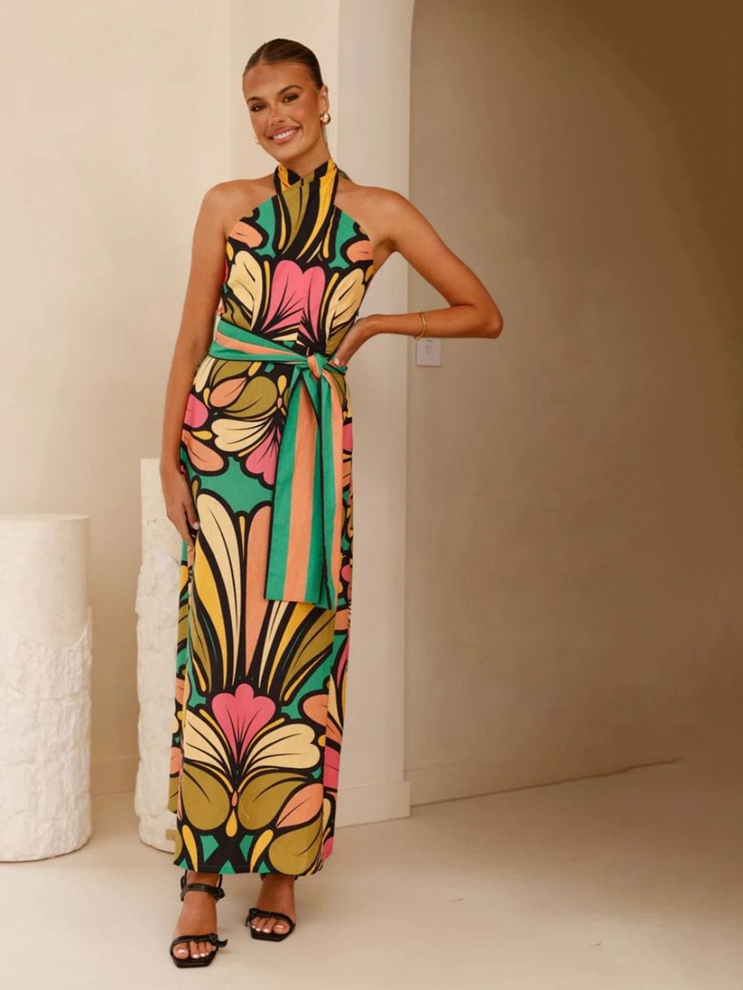 all about you Women Floral Print Halter Neck Belted Maxi Dress