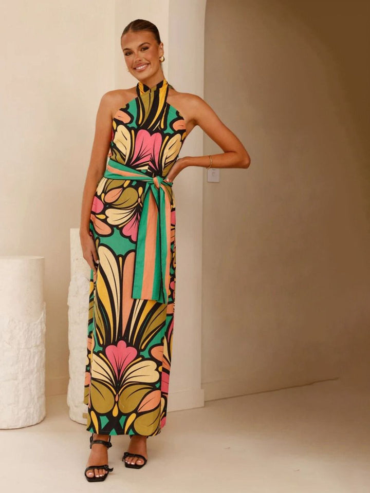 all about you Women Floral Print Halter Neck Belted Maxi Dress