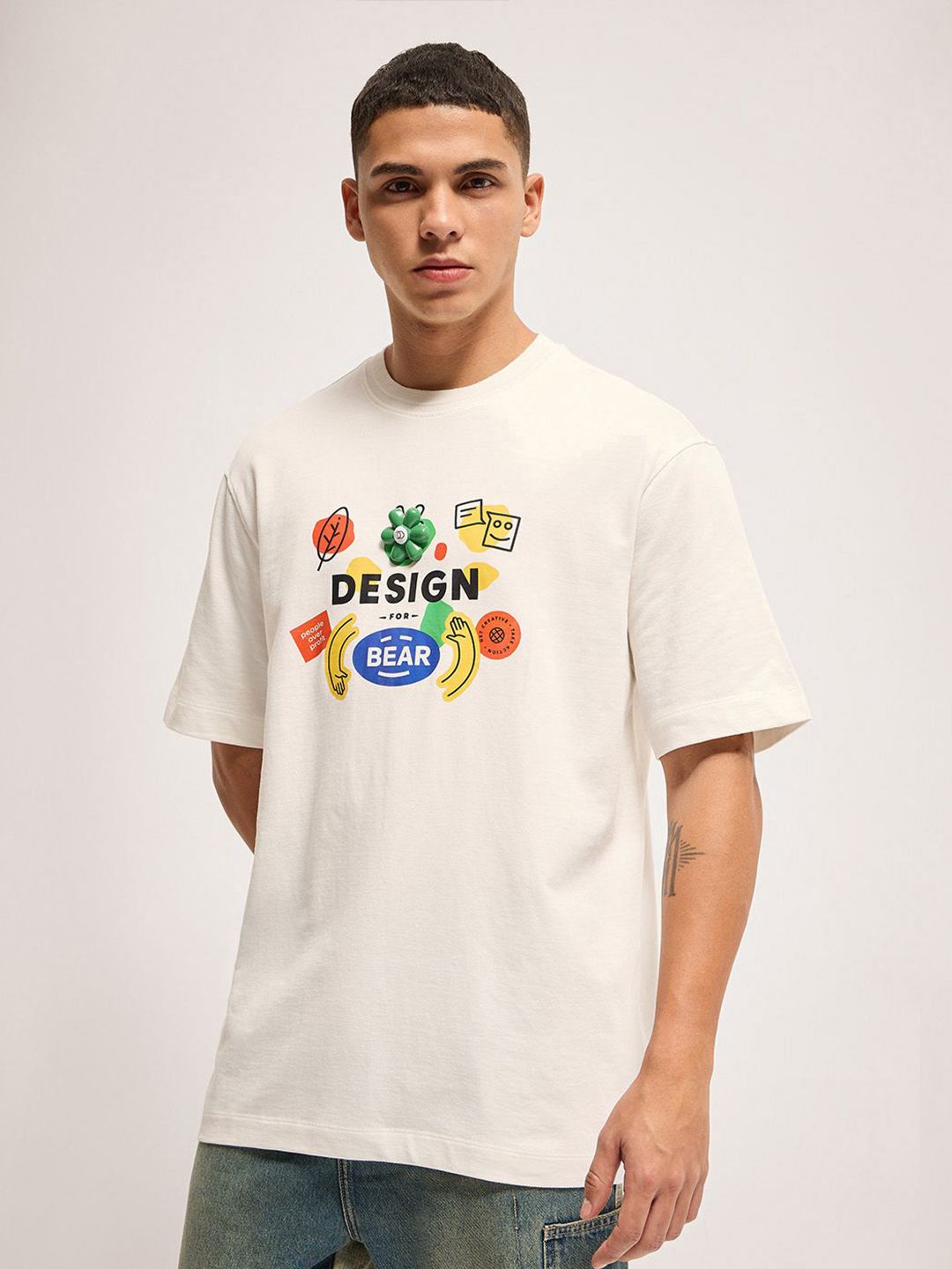 THE BEAR HOUSE Men Graphic Printed Round Neck Cotton Oversized T-shirt