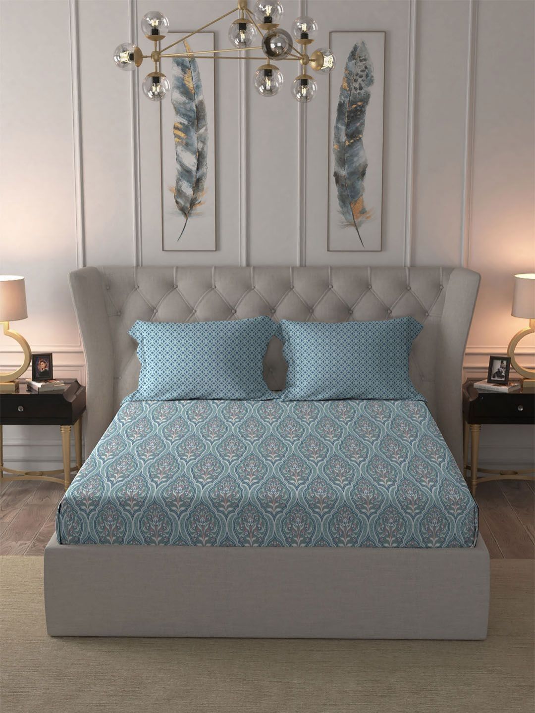 MYTRIDENT Anna Sea Green Dusk & Dawn Flat 144TC Queen Cotton Bedsheet Set