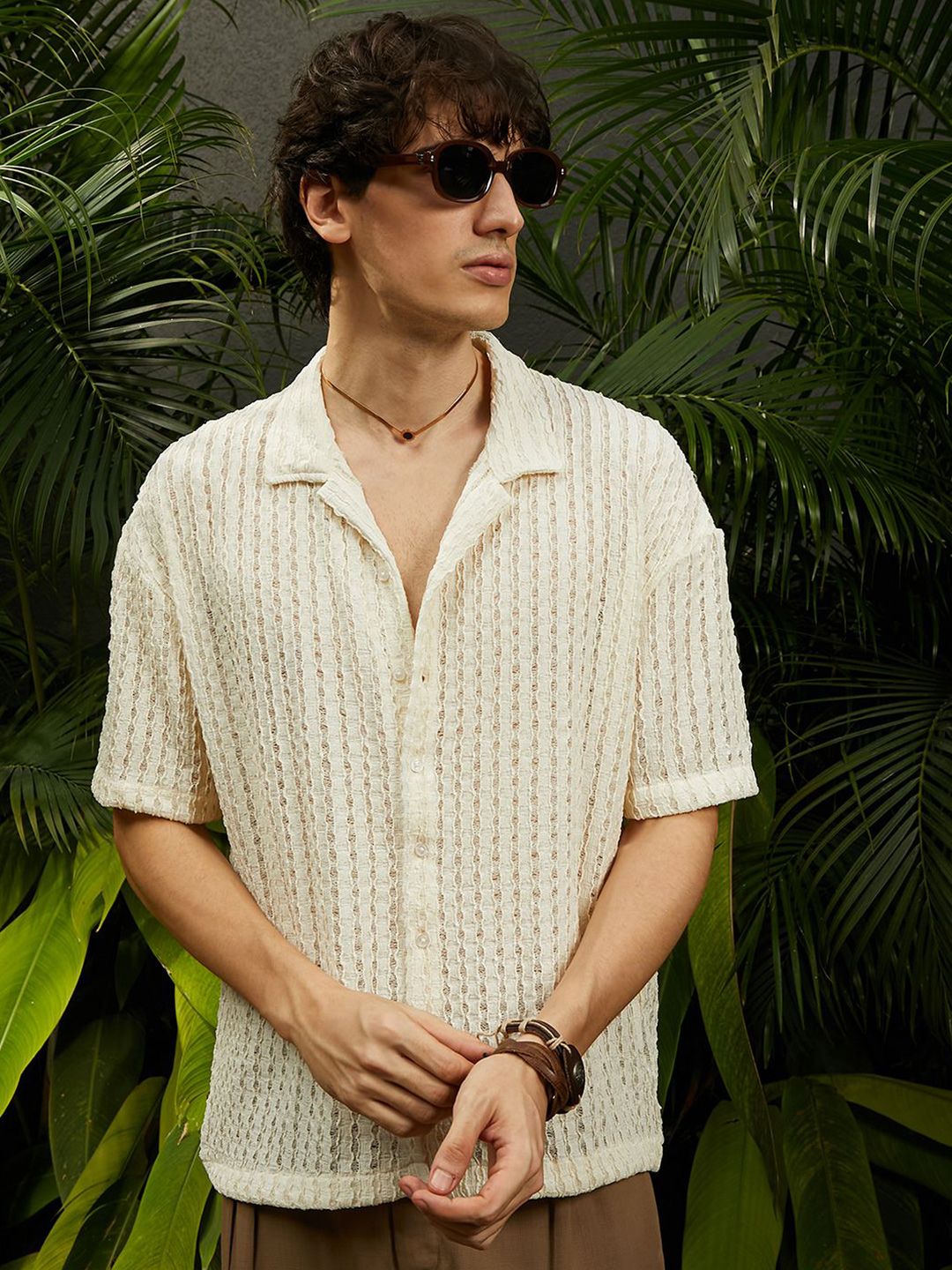 Campus Sutra Men Comfort Cuban Collar Textured Polycotton Oversized Casual Shirt