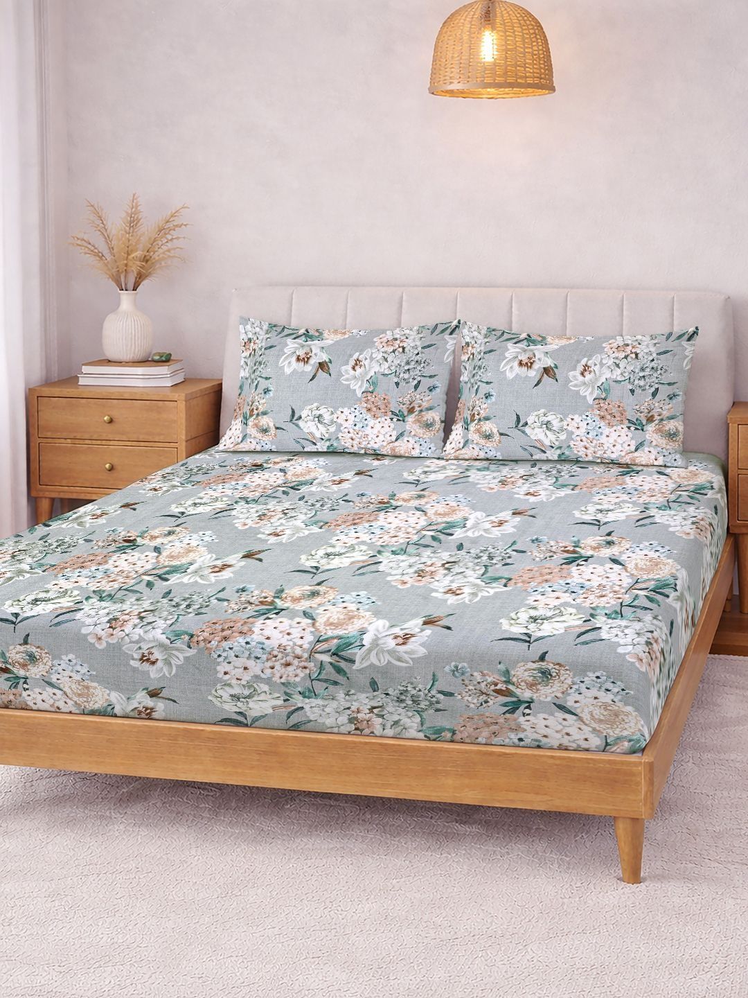 KLOTTHE Grey Floral Fitted Double Bedsheet dengan 2 Sarung Bantal