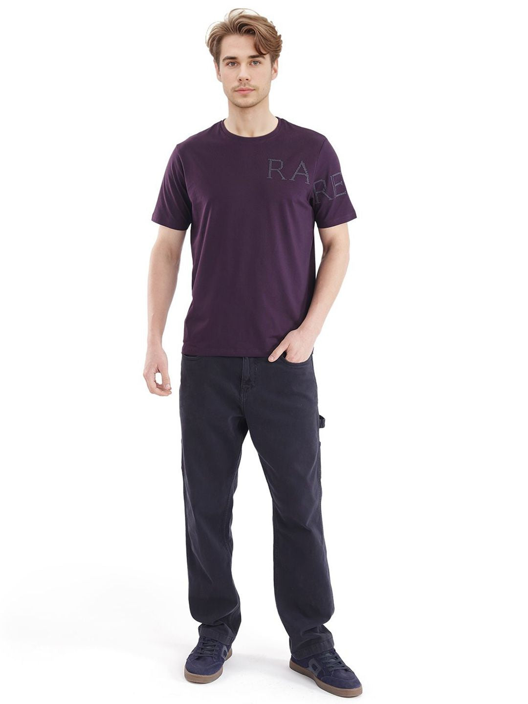 RARE RABBIT Men Solid Round Neck Cotton T-shirt