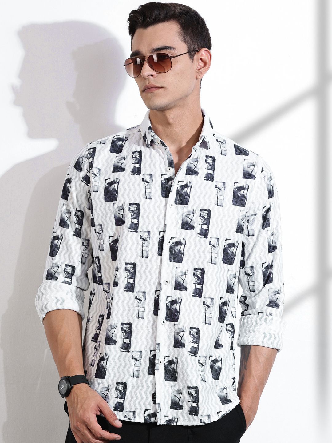 Thomas Scott Men Classic Slim Fit Spread Collar Abstract Printed Casual Shirt