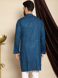 Anouk Teal Blue Geometric Embroidered Mandarin Collar Mirror Work Cotton Straight Kurta