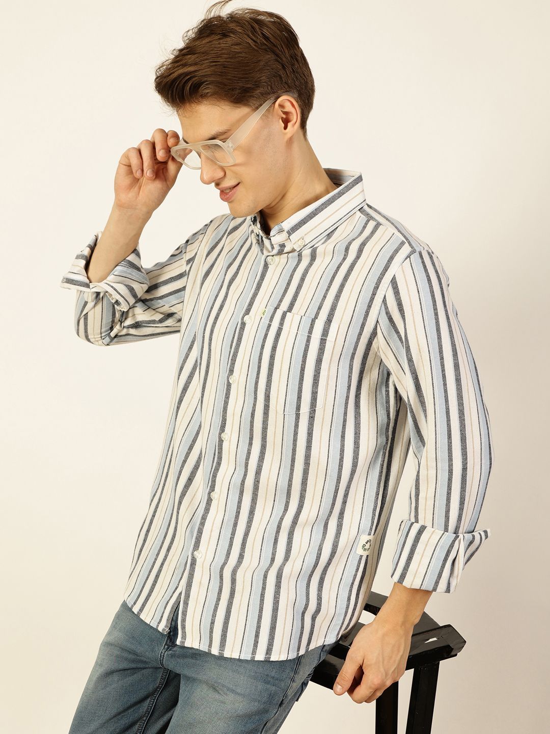 Thomas Scott Men Premium Button-Down Collar Vertical Striped Cotton Slim Fit Casual Shirt