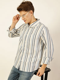 Thomas Scott Men Premium Button-Down Collar Vertical Striped Cotton Slim Fit Casual Shirt