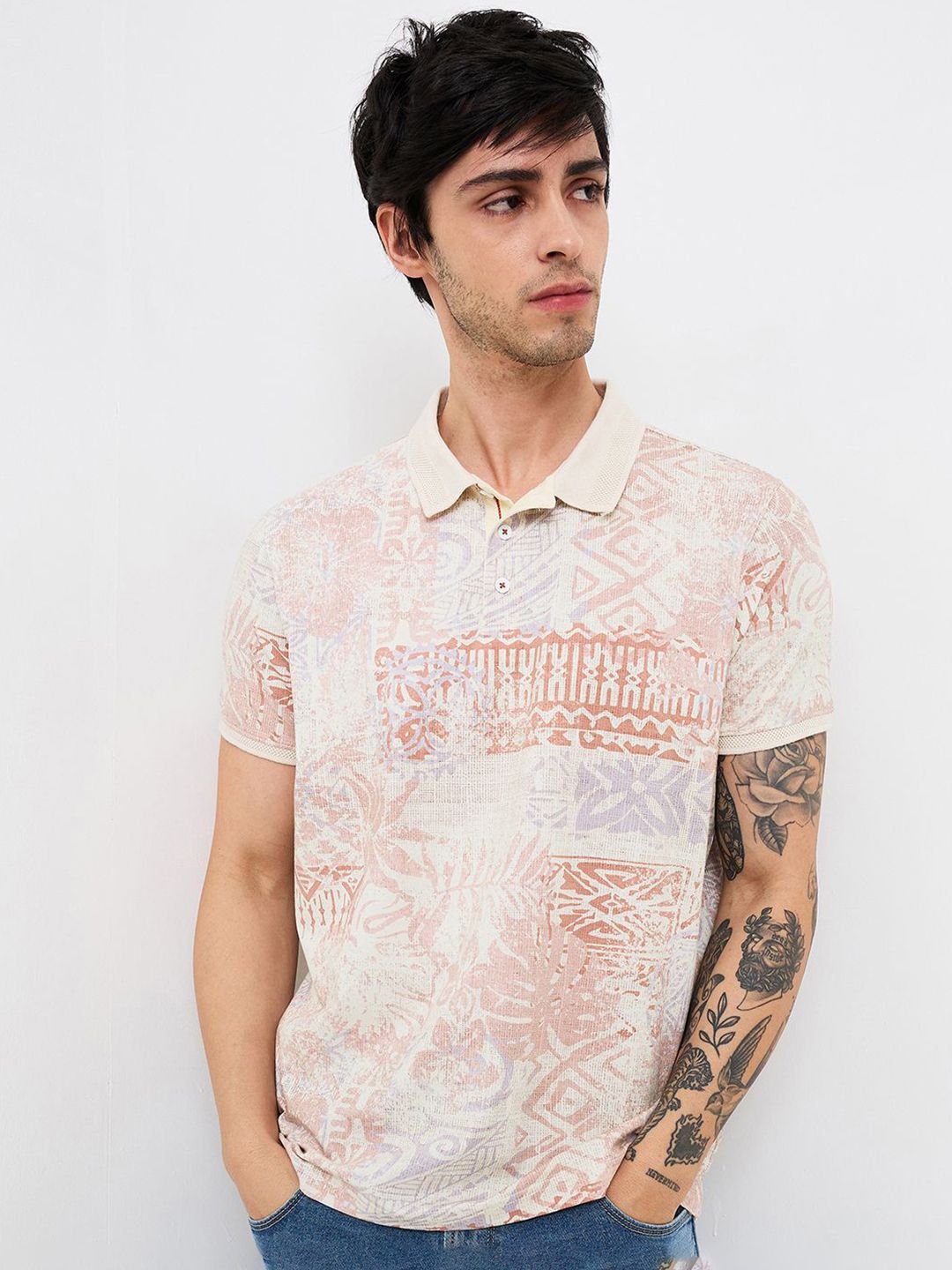 SPYKAR Men Abstract Printed Polo Collar Cotton Slim Fit T-shirt